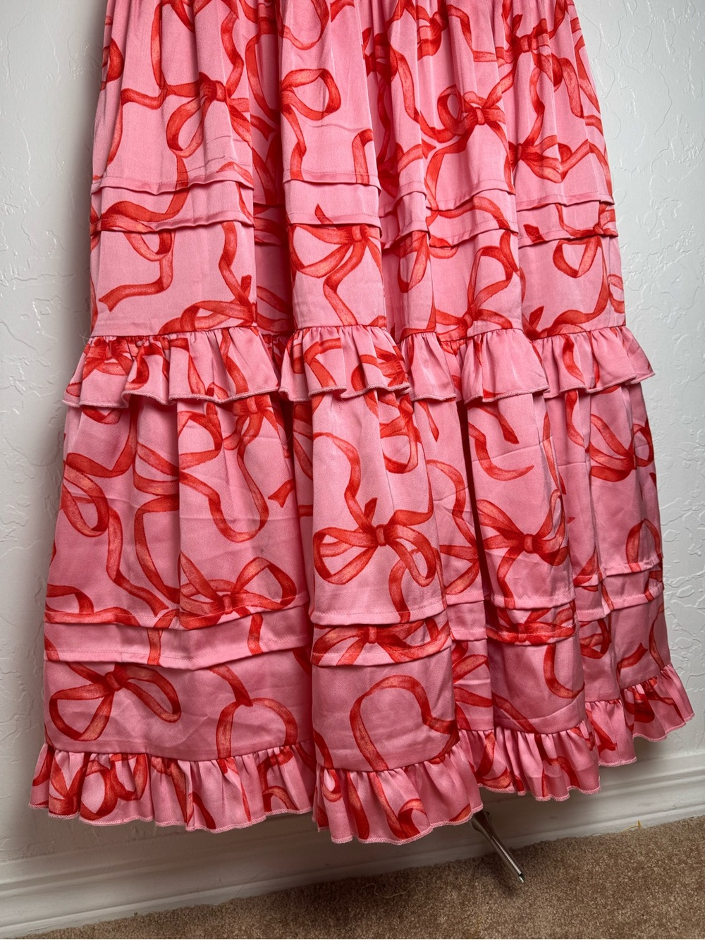 Ivy City Co Pink and Red Ribbon and Bow Print Ruffle Tiered Maxi Dress - Picture 7 of 14